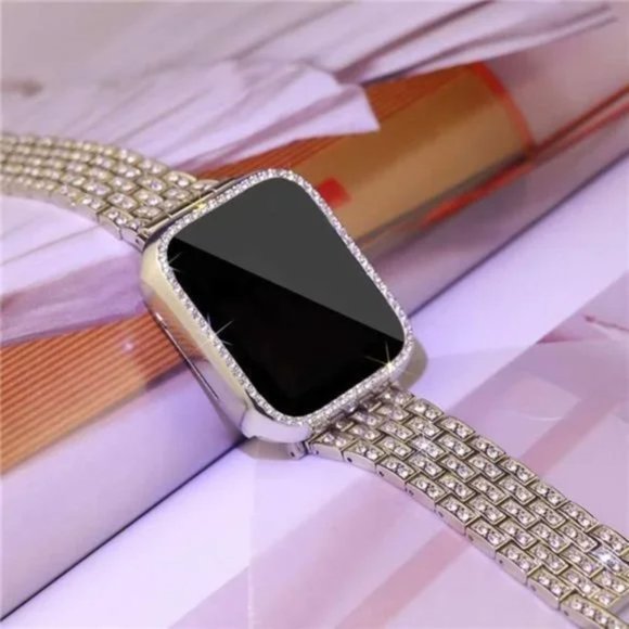 New Silver Rhinestone Bling Apple Watch Band+ Case - Picture 2 of 5